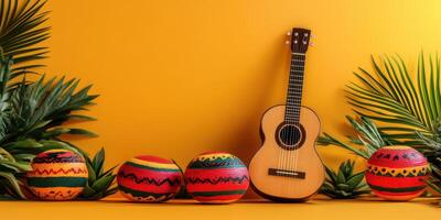 Eccentric display of a guitar and colorful handmade bowls against a bright yellow backdrop in a lively setting photo