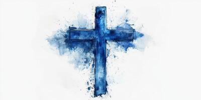 Blue watercolor cross with splashes, symbolizing faith and spirituality in artistic expression photo