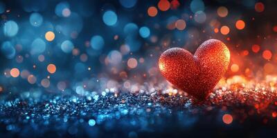 Sparkling heart shines on a colorful background during a festive celebration at night photo