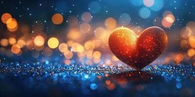 Sparkling red heart shines against a blurred background of colorful bokeh lights in a romantic setting photo