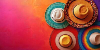 Vibrant collection of traditional hats displayed against a colorful background during a festive celebration photo