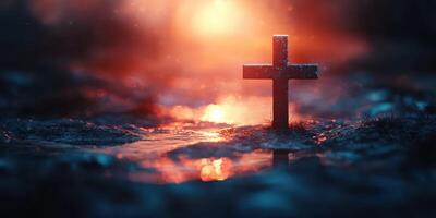 Cross standing in a misty landscape with soft light at dusk creating a serene and reflective atmosphere photo