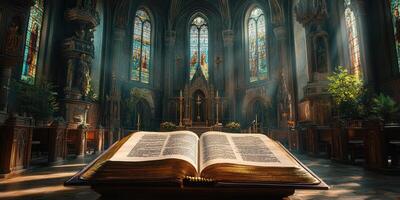 Open Bible rests on a wooden lectern in a beautifully illuminated, ancient church adorned with stained glass windows photo