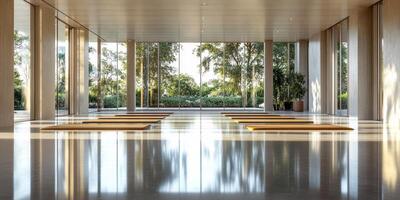 Modern meditation space featuring wooden platforms and large windows overlooking a serene landscape during daylight photo