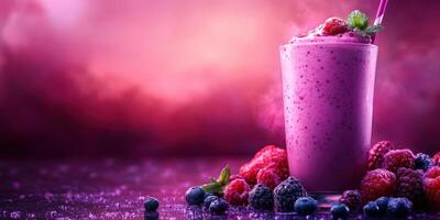 Refreshing berry smoothie in a tall glass garnished with mint on a vibrant purple background photo
