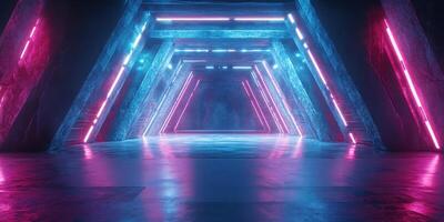 Neon-lit corridor with geometric shapes creating a futuristic atmosphere in a dark environment photo