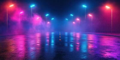 Neon lights illuminate a wet street at night creating a vibrant atmospheric scene photo