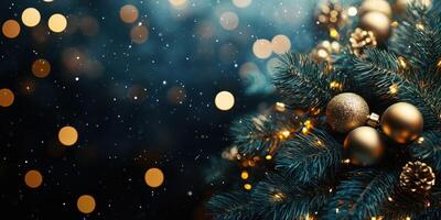 Decorative Christmas tree branches adorned with golden ornaments and twinkling lights in a festive atmosphere photo