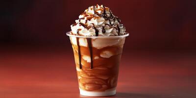 Creamy chocolate dessert drink topped with whipped cream and chocolate drizzle in a clear cup photo