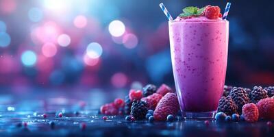 Delicious berry smoothie served in a tall glass with fresh fruits on a sparkling table photo