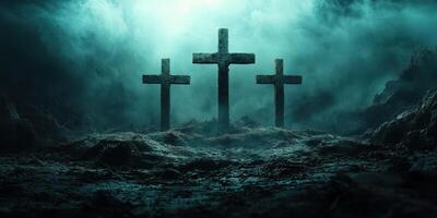 Three weathered crosses stand hauntingly in fog, symbolizing resilience and remembrance in a desolate landscape photo
