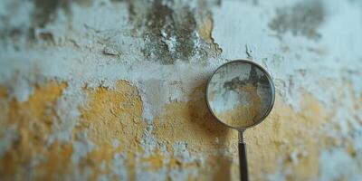 Magnifying glass resting against a textured wall revealing intricate details from a weathered surface photo