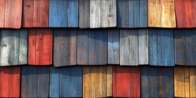 Colorful wooden shingles adorn a building in a vibrant display of craftsmanship during bright daylight hours photo