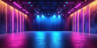 Colorful illuminated stage with vibrant lighting ready for an energetic performance in a modern venue photo