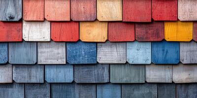 Colorful wooden shingles in a vibrant pattern on a building exterior during daylight photo
