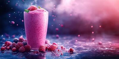 Refreshing raspberry smoothie prepared in a glass with berries scattered on a dark textured surface photo