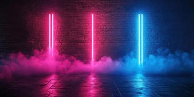 Vibrant neon lights illuminate a misty urban setting at night, creating a dynamic atmosphere photo
