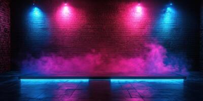 Colorful lighting and fog create a vibrant atmosphere in an empty performance space at night photo