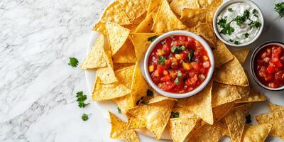 Tortilla chips served with fresh salsa and creamy dip on a marble table photo