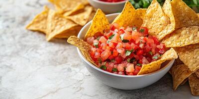 Fresh salsa served with crispy tortilla chips at a lively gathering in a cozy kitchen setting photo