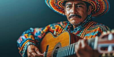 Musician plays traditional guitar while wearing colorful attire in a cultural setting during a festive gathering photo