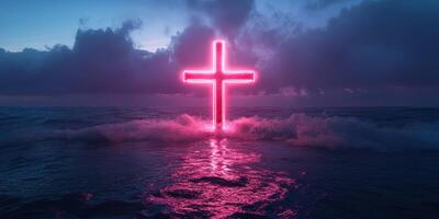 Bright neon cross glowing above ocean waves at twilight creating a captivating spiritual atmosphere photo