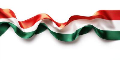 Beautiful waving ribbon in the colors of the Hungarian flag captured against a white backdrop for decorative purposes photo