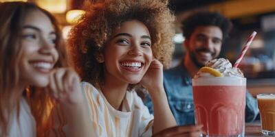 Friends enjoy colorful drinks at a lively cafe during a fun evening outing with laughter and smiles photo