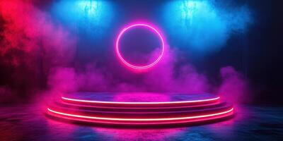Vibrant stage illuminated by neon lights and colorful fog creates an energetic atmosphere for a performance photo