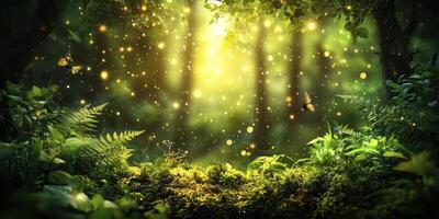 Enchanting forest with glowing lights and butterflies during golden hour photo