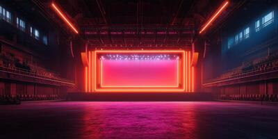 Vibrant concert stage illuminated with neon lights in a spacious indoor venue during an evening event photo