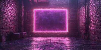 Neon-lit urban space with textured brick walls and reflective floor during night time photo