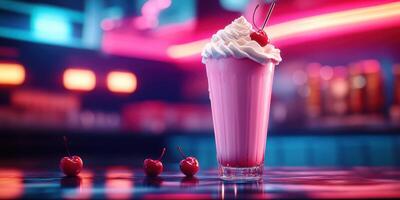 Delicious pink milkshake topped with whipped cream and cherries in a vibrant diner setting photo