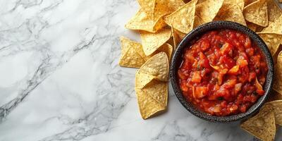 Salsa and tortilla chips arranged on a marble surface in a casual dining setting during a social gathering photo