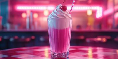 Delicious pink milkshake with cherry and whipped cream in a vibrant diner setting photo