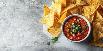 Freshly made salsa served with crispy tortilla chips on a textured stone surface photo