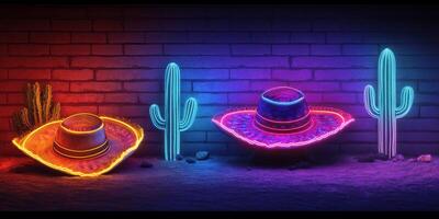 Neon sombreros and cacti glow against a vibrant brick wall in a colorful desert setup at night photo
