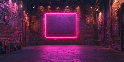 Neon illuminated empty space with brick walls and concrete floor for creative events and exhibitions at night photo