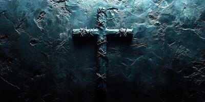 Dark crucifix entwined with thorns on a textured stone surface illuminated by moody lighting photo