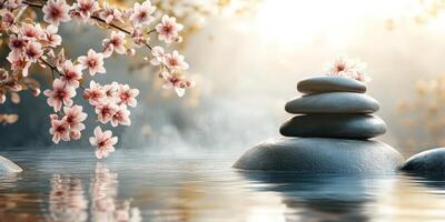 Tranquil garden with stacked stones and cherry blossoms near calm water during sunset photo