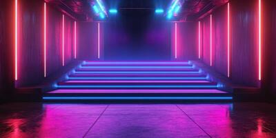 Vibrant neon-lit stage with glowing steps in a modern venue at night photo