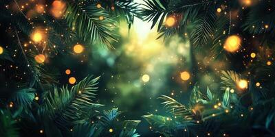 Beautiful glimmering forest with soft lights and vibrant foliage captured during golden hour photo