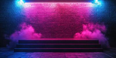 Colorful neon lights illuminate a stage with fog in an urban setting at night, creating a vibrant atmosphere for performances photo