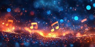 Colorful musical notes glow amidst a shimmering background of lights and particles at night photo