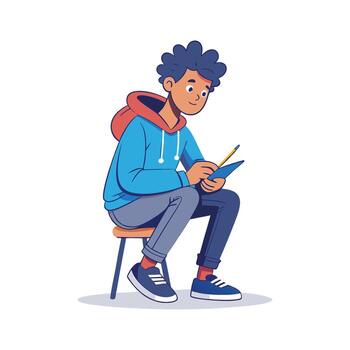Joyful Boy Enjoying Sketching in His Notebook vector