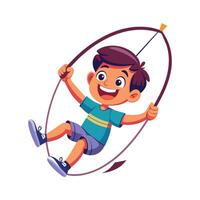Joyful Boy Gripping a Rope While Swinging. vector