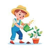 Dynamic Scene of Boy Watering a Plant vector