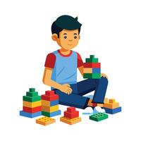 a boy sitting on the floor with a stack of blocks vector