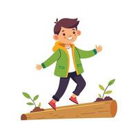 Energetic boy walking cautiously on log vector