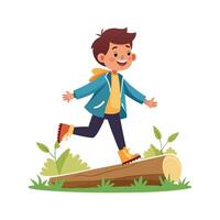 Adventurous boy balancing on a fallen log vector